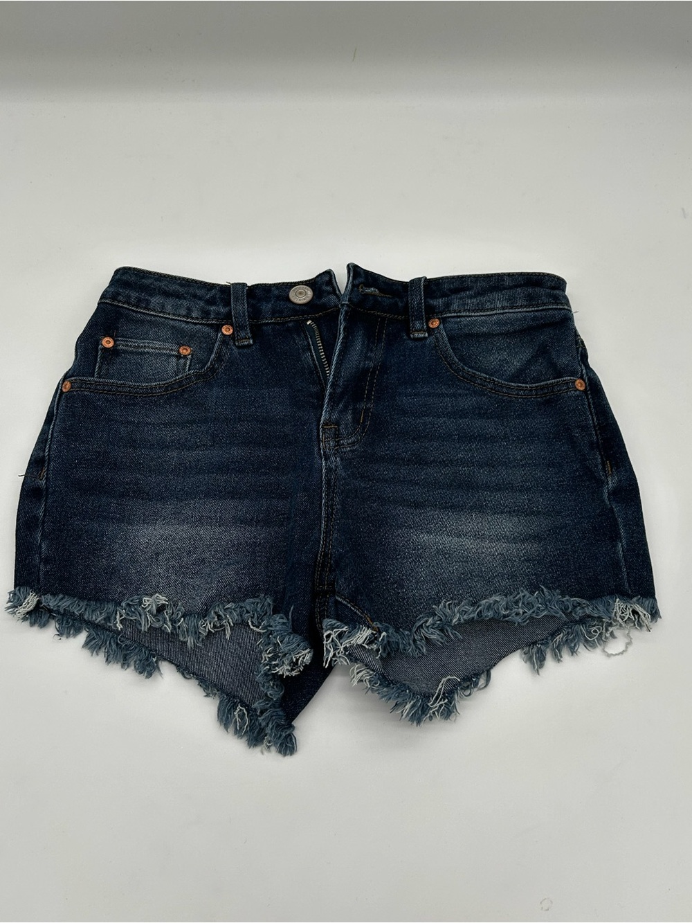 Almost Famous Dark Blue Frayed Hem Denim Shorts Size 1